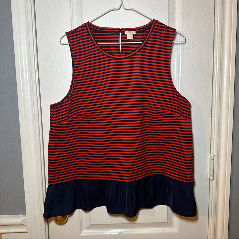 J Crew Sleeveless Peplum Top Navy‎ Red Stripe Keyhole Stretch Womens XL
